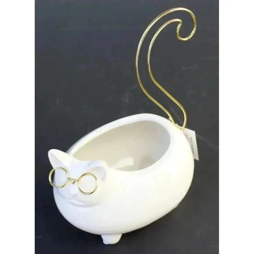 New White Gold Ceramic Groovy Cat W/ Glasses Trinket Dish Vase Coin Jewelry Tray
